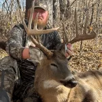 Tyson Phillips: This dandy came chasing a doe in with his nose down, he came up as close as 20 yards on the run. I used the grunt call and he ignored me, as he went to the other side of the tree so I had to change directions grunt called again. He stops!!! Crossbow in hand aim fire!!!! He wobbles and runs 75 yard's. Blessed!