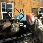 Brittany Meador: Shot this stud behind our house! I had already shot a doe and was waiting to see what else was coming, he popped up across the creek and his antlers were so dark I thought they were branches!