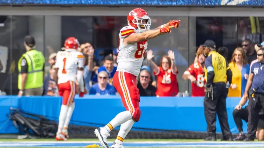 KC Chiefs tie end Travis Kelce #87 celebrates their touchdown against the LA Chargers during an NFL football game at SoFi Stadium^ Aug. 17^ 2024^ in Inglewood^ Calif.