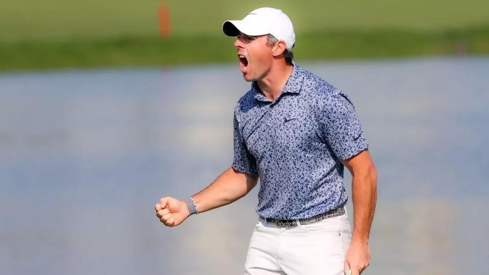 Rory McIlroy of Northern Ireland celebrates victory in the Final Round on Day Five of the Hero Dubai Desert Classic - Day Five DUBAI^ UNITED ARAB EMIRATES - JANUARY 30: