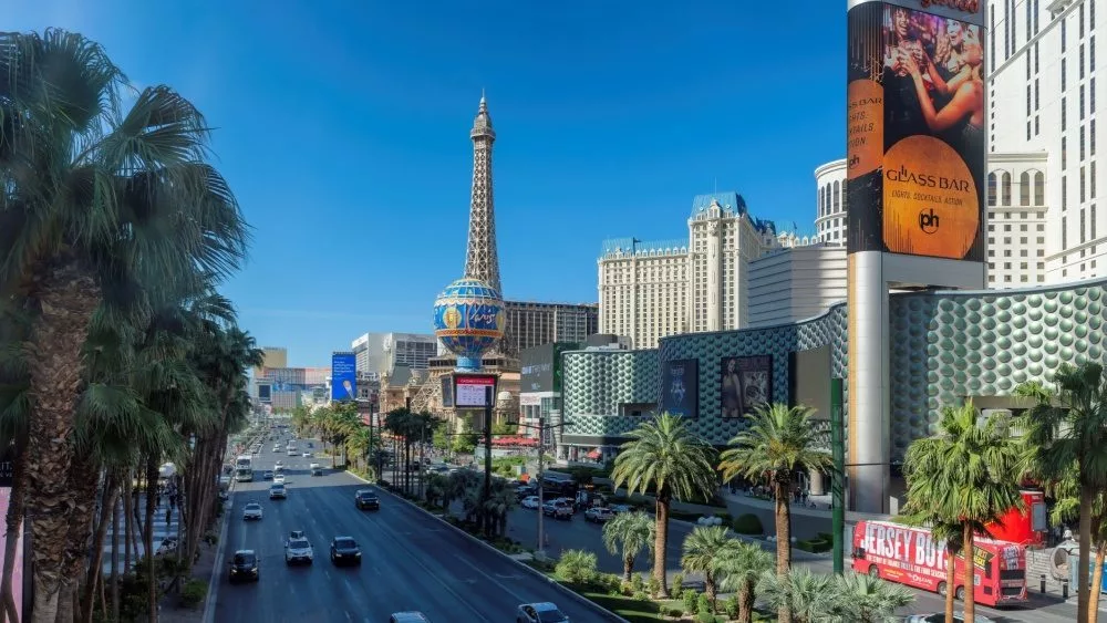 Las Vegas Strip as seen at sunset on May 7^ 2024 in Las Vegas^ Nevada. The Strip is home to the largest hotels and casinos in the world.