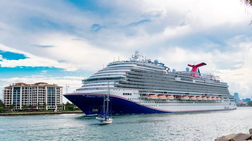 Carnival horizon cruise ship. Cruise ship vacation. Aerial view of cruise ship in vacation summer. Travel at sea. Luxury liner. Ship leaving Miami port Miami^ Florida^ USA - June 09^ 2024