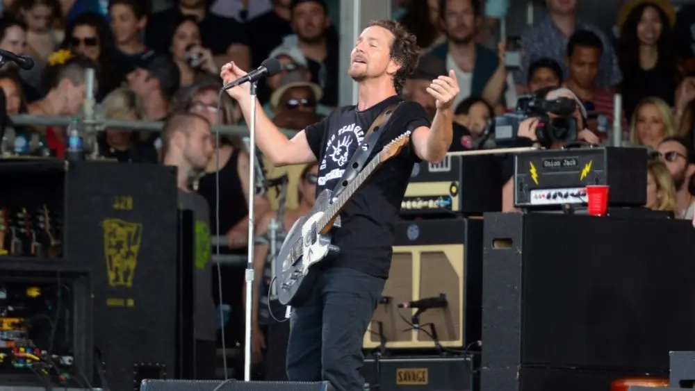 Pearl Jam lead singer Eddie Vedder performs at the 2016 New Orleans Jazz and Heritage Festival.