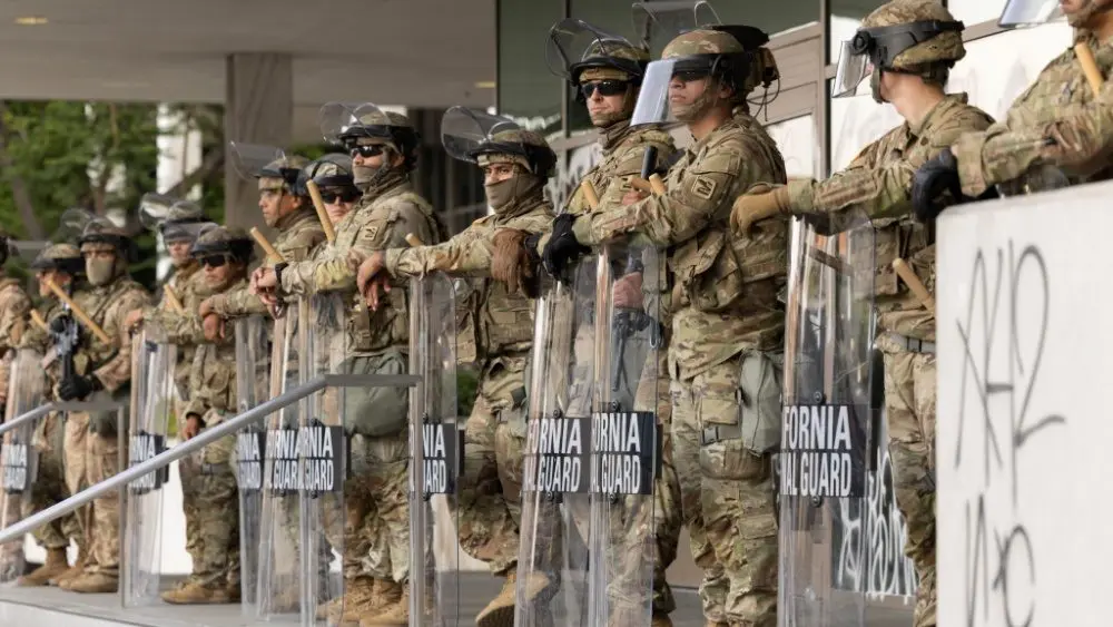 California National Guard soldiers protect a federal building during ICE deportation protests in Downtown LA. Los Angeles^ California^ USA - June 10^ 2025