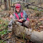 Leslie Baum: I'm not a rain or cold weather hunter, but today my husband convinced me to go out. We saw several does and 2 other smaller bucks before seeing this one about 80 yards out and I was able to make a great shot.