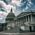 Dark and gloomy view of the deserted US Capitol Building under moody sky in Washington DC^ USA