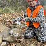 Brianna Manahan: I was about to give up as it was around 9am (I had been getting down at 9:15/9:30) until I heard some movement coming from behind me. I turned to my right and seen a doe and fawn running through the tree line and out they popped into the field and a buck was right behind them. I tried to stop him by going “meh meh” but he wasn’t stopping until I literally screamed HEY! He stopped and the rest is history.