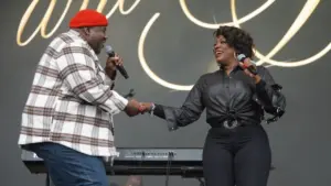 The War and Treaty^ a husband and wife duo consisting of Michael Trotter Jr. and Tanya Trotter^ performs on stage at the 2024 Soundside Music Festival. Bridgeport^ Connecticut - September 29^ 2024