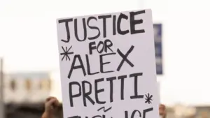 People protest the ICE killing of Alex Pretti in front of the downtown Federal Building. Los Angeles^ California^ USA - January 25^ 2026