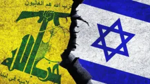 Israel and Hezbollah flags together. Hezbollah and Israel political conflict^ war crisis^ relations concept