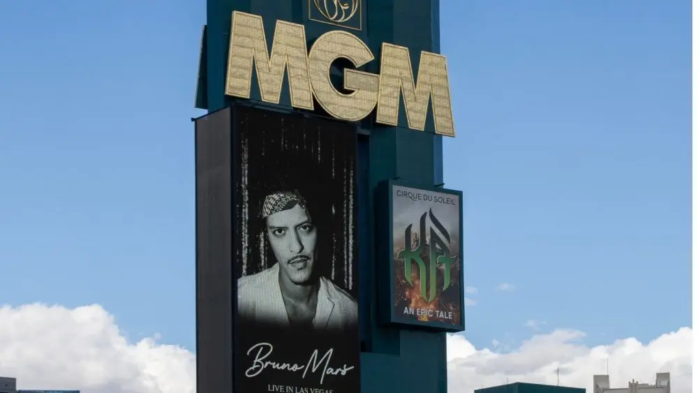 Advertising for Bruno Mars Live at Dolby Live at Park MGM is seen on a digital billboard at MGM Grand^ a hotel and casino on the Las Vegas Strip in Paradise^ Nevada. Las Vegas^ NV^ USA - Oct 29^ 2024