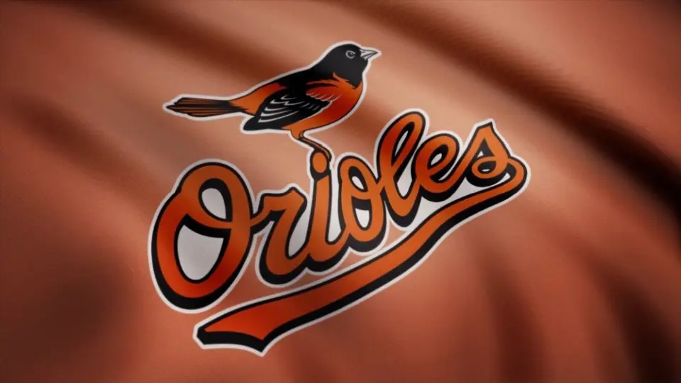 WAVING flag with Baltimore Orioles professional team logo. Close-up of waving flag with Baltimore Orioles MLB baseball team logo^ seamless loop.