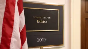 A sign at the entrance to a House Ethics Committee hearing room in Washington^ DC on July 18^ 2017. The House of Representatives is the lower chamber of the US Congress.