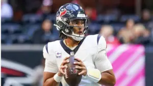 Houston Texans quarterback C.J. Stroud (7) looks to throw the ball during the game against the Atlanta Falcons on October 8^ 2023 at Mercedes-Benz Stadium in Atlanta^ Georgia.