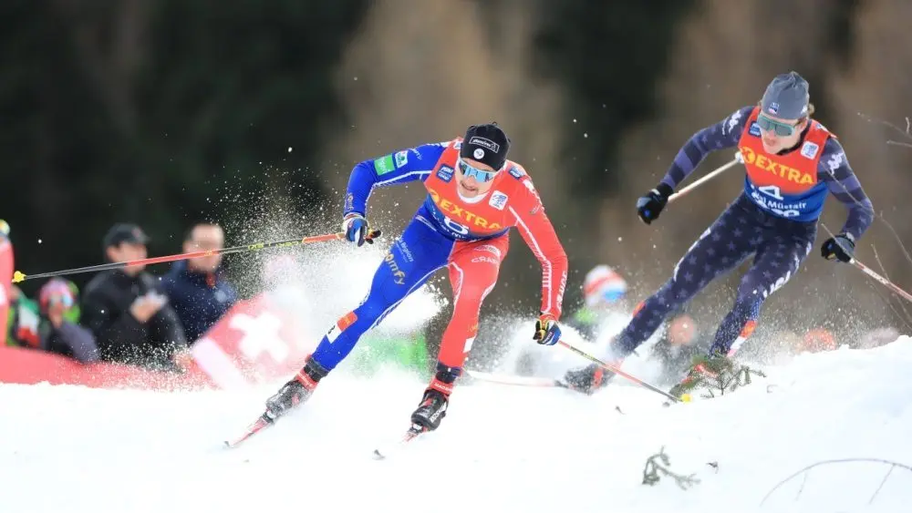 Cross Country Ski World Cup - Tour de ski. Val Mustair^ Switzerland on December 31^ 2022. Jay Renaud FRA and Ogden Ben USA in action.