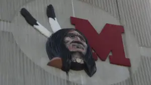 Miami University Yager Stadium college football^ the old Redskins team logo on the outside of the stadium replaced by the Redhawks May 30^ 2016 Oxford^ OH