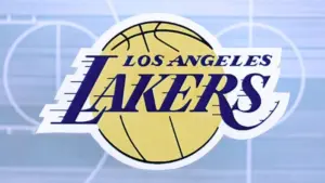 Los Angeles Lakers basketball team badge lies on basketball stadium map background banner