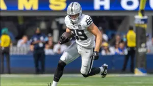 Las Vegas Raiders tie end Brock Bowers #89 runs the ball against the Los Angeles Rams in an NFL football game at SoFi Stadium^ Oct. 20^ 2024^ in Inglewood^ Calif.