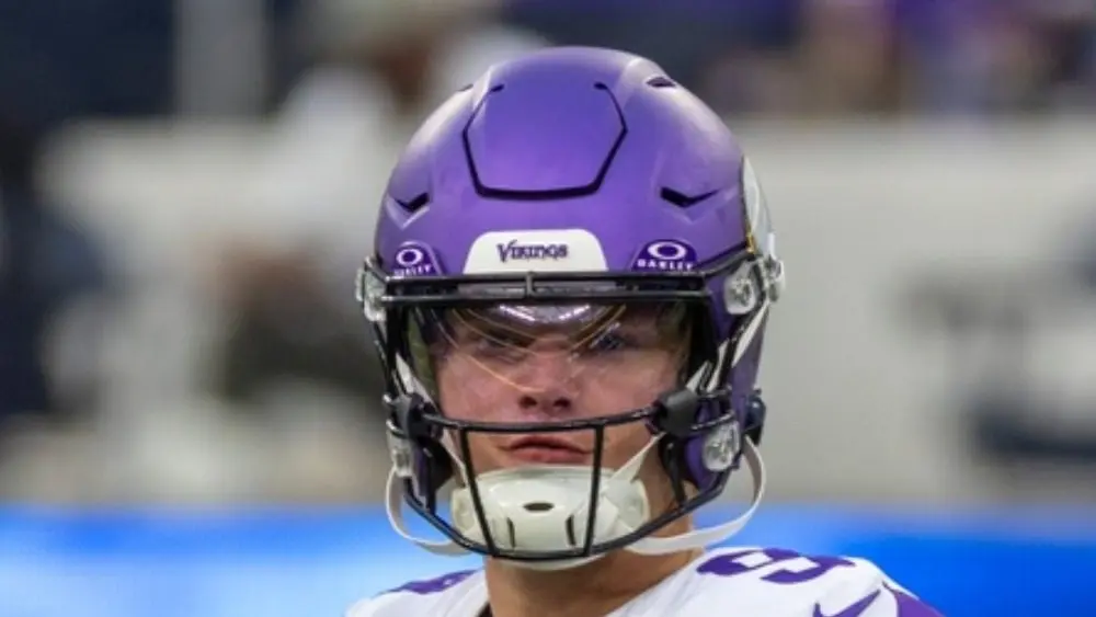Minnesota Vikings quarterback J.J. McCarthy #9 warms up prior to an NFL football game against the Los Angeles Chargers Oct. 23^ 2025^ in Inglewood^ Calif.