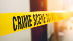 crime scene tape in front room door with flare and vintage tone