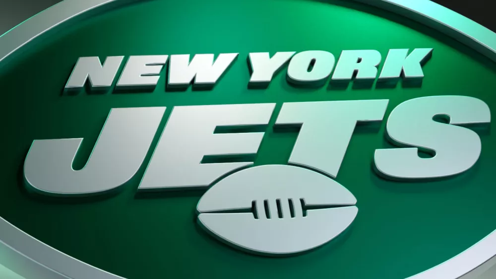 New York Jets logo on dark background with shiny details. 3D render