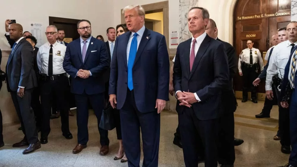 Former President Donald Trump speaks to press before the start of civil fraud trial at NYS court in New York on October 2^ 2023