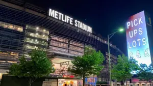 MetLife Stadium exterior view night Home of the NFL's New York Giants /Jets. EAST RUTHERFORD^ NEW JERSEY - August 15^ 2022