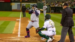 Oakland^ California - March 28^ 2024: Cleveland Guardians first baseman Josh Naylor bats against the Oakland Athletics on Opening Day at the Oakland Coliseum.