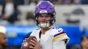 Minnesota Vikings quarterback J.J. McCarthy #9 warms up prior to an NFL football game against the Los Angeles Chargers Oct. 23^ 2025^ in Inglewood^ Calif.