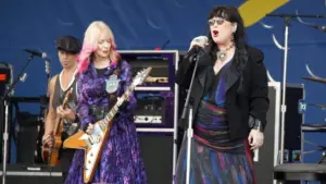 Heart's Ann and Nancy Wilson perform onstage at the 2024 New Orleans Jazz Heritage Festival at Fair Grounds Race Course on April 28^ 2024 in New Orleans Louisiana.