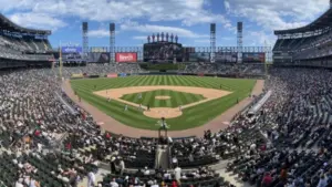 Guaranteed Rate Field panorama^ home of the Chicago White Sox. Guaranteed Rate Field replaced Comiskey Park in 1991. Chicago - May 12^ 2024
