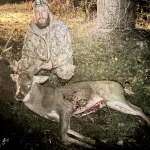 Rachael Melcher: My husband, Brandon Melcher, got this buck a couple weeks ago. It was the absolute worst timing ever we had just gotten cows earlier in the day and I stayed back at the house while him and my dad went. Around 2:00 I sent a text to them the cows were already out. My dad came back to look for the cows while my husband stayed out. Right before the end of shooting hours I get a call “I just shot a buck”. Great he’s there with no vehicle and the cows are MIA. Fast forward to around 9:00 finally got the cows up to head to him and by about 11:00 we were home and done with the day.