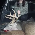 Kelsey Karnes: I was on private hunting land and ready to go home! My husband and I had seen doe all night across the pond and he kept telling me to “keep waiting a big one will walk out” and I happened to look up and see him right in front of me! My second time getting a buck!