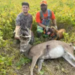 Garret Vuichard: I had been watching this deer for awhile, and noticed that his main beams had grown together while still in velvet. After taking my shot, I knew it landed a little far back, so I waited until the next day & called in a buddy, Matt Geralds & his tracker, Stitch! Not only was this my first good buck in 10 years but it was Stitch's 200th recovery! While the meat had expired, Stitch & Matt helped me to recover my trophy!