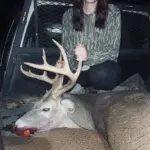 Kelsey Karnes: I was on private hunting land and ready to go home! My husband and I had seen doe all night across the pond and he kept telling me to “keep waiting a big one will walk out” and I happened to look up and see him right in front of me! My second time getting a buck!