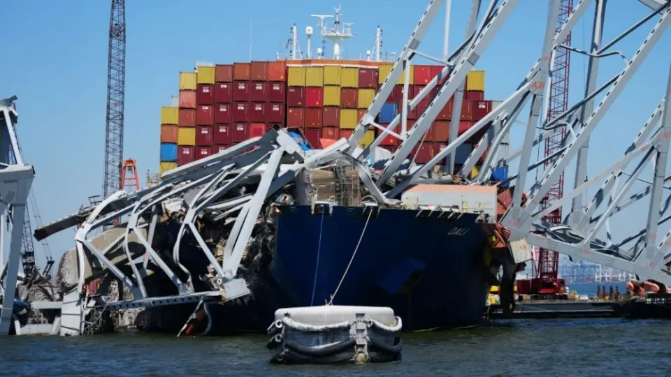 Container vessel Dali is trapped and aground under the wreckage of the Francis Scott Key Bridge in Baltimore. Baltimore^ MD USA - 4-23-2024