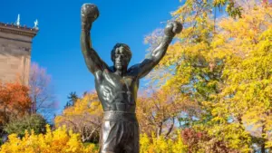 PHILADELPHIA^ PENNSYLVANIA - NOVEMBR 16^ 2016: The Rocky Balboa statue during autumn. The statue commemorates the The Rocky film series which has become a cultural icon.