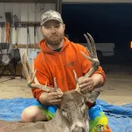 Seth rowcliff: Started out last year getting a 26 acre lease, I’d had roughly 10 pictures in November of him but he was broke off. Ended up finding his sheds in February 2024, fast forward to June he showed back up in velvet and he was perfectly symmetrical. Started getting pictures about every 2 weeks of him. November 10th I jumped him out of a tree line for my first in person sighting. November 13 I had a doe jump on the levy behind me, turns out he was bumping her around. They ended up going down wind of me. I grunted then they both came in to the back of my stand. Shot him at 7.5 yards