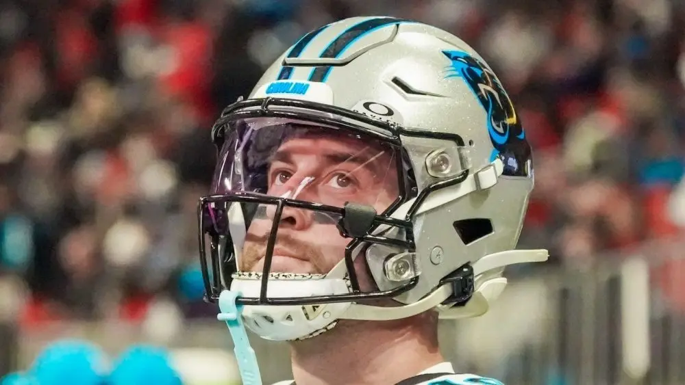 Carolina Panthers wide receiver Adam Thielen (19) on the sidelines against the Atlanta Falcons on January 5^ 2025 at Mercedes-Benz Stadium.