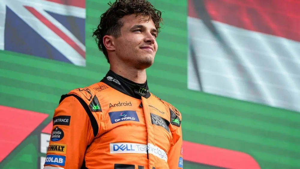 Lando Norris of McLaren looks up after coming in first place at the Trophy Ceremony during F1 - Heineken Dutch GP ZANDVOORT^ NETHERLANDS - AUGUST 25 2024