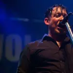 Singer and guitar player Michael Poulsen of Danish Heavy Metal rock band Volbeat performs on stage during the Gigantour tour on February 21^ 2012 in Kent^ Washington.