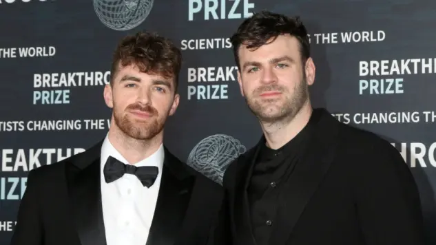 Andrew Taggart^ Alex Pall of The Chainsmokers at the 9th Breakthrough Prize Ceremony Arrivals at the Academy Museum of Motion Pictures on April 15^ 2023 in Los Angeles^ CA