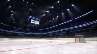 empty ice hockey arena inside playground view illuminated by spotlights^ hockey and skating stadium indoor 3D render illustration background^ my own design