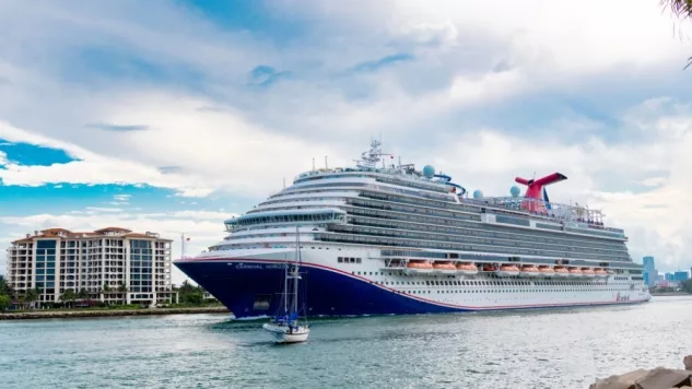 Carnival horizon cruise ship. Cruise ship vacation. Aerial view of cruise ship in vacation summer. Travel at sea. Luxury liner. Ship leaving Miami port Miami^ Florida^ USA - June 09^ 2024