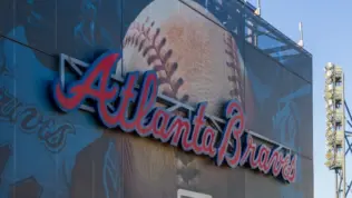 The Atlanta Braves logo on the back of the scoreboard at Truist Park in Atlanta Georgia USA Atlanta Georgia USA - 9 7 2024