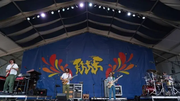 Peter Anspach^ Rick Mitarotonda^ Trevor Weeks and Cotter Ellis of the jam band Goose perform on stage at the 2025 New Orleans Jazz and Heritage Festival.
