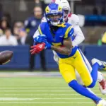 Los Angeles Rams wide receiver Tutu Atwell (5) fails to catch a pass against the Arizona Cardinals during an NFL football game at SoFi Stadium^ in Inglewood^ Calif. on Sunday January 4^ 2026.