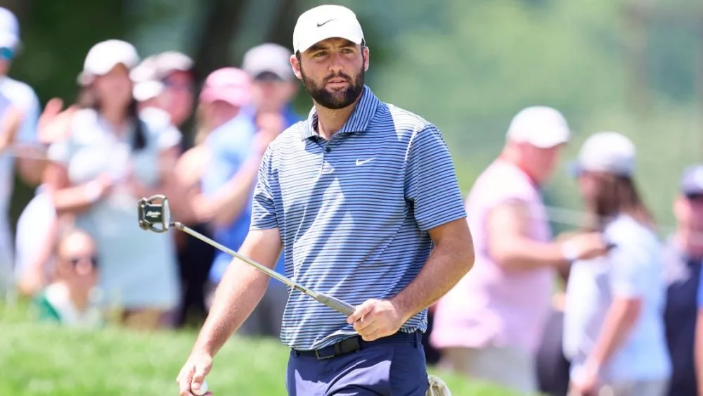Scottie Scheffler of United States in action during Round 4 of the 2024 PGA Championship at Valhalla Golf Club on May 18^ 2024 in Louisville^ Kentucky.