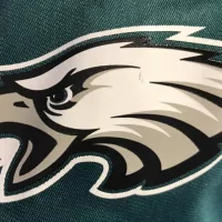 Closeup of the arm/sleeve displaying the official logo on a Philadelphia Eagles jersey