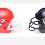 Helmets for the Kansas City Chiefs and Baltimore Ravens^ opponents in the NFL 2024 AFC Conference Championship game